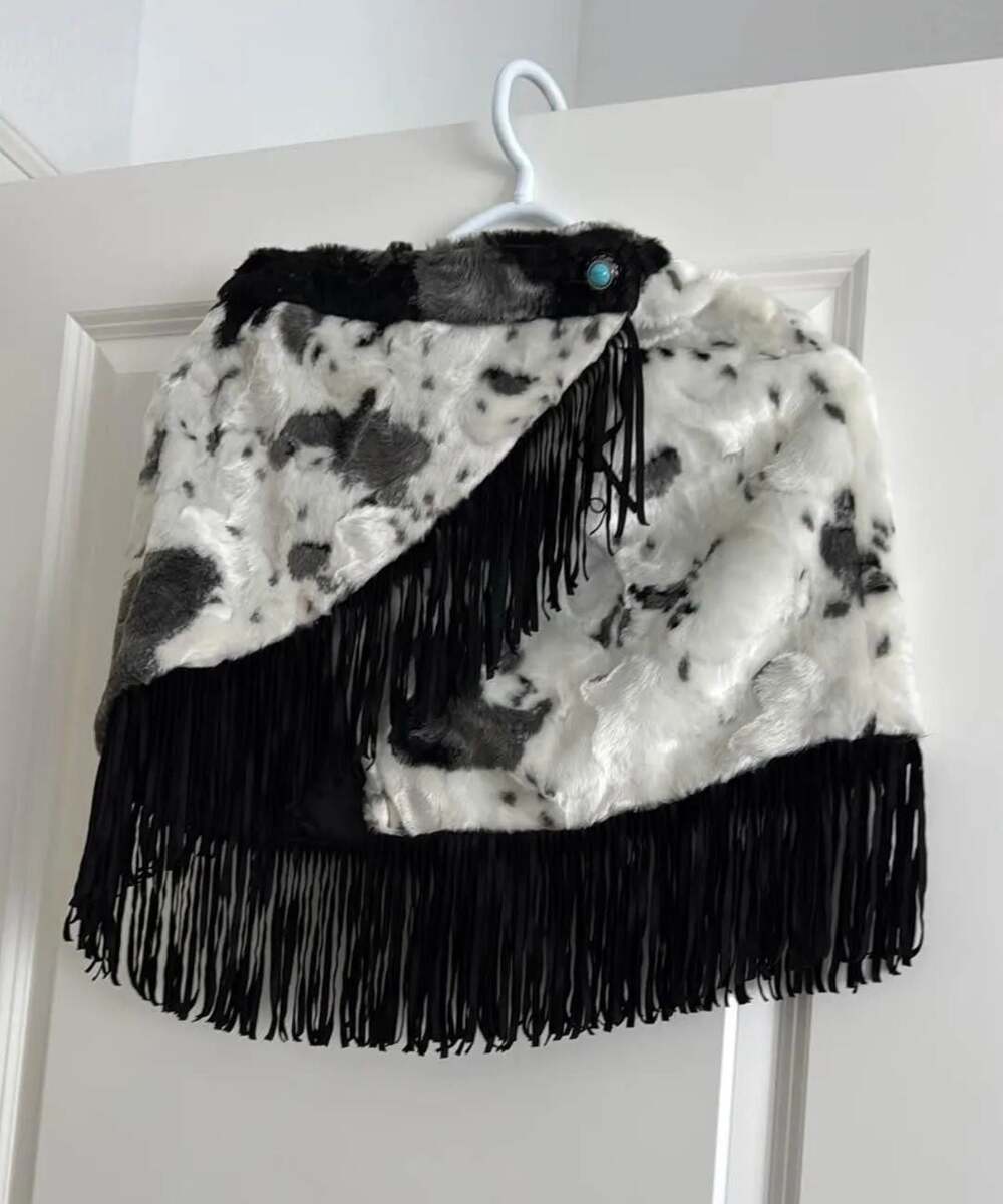 Lucky & Blessed Cow Print Faux Fur Fringe Wrap Skirt